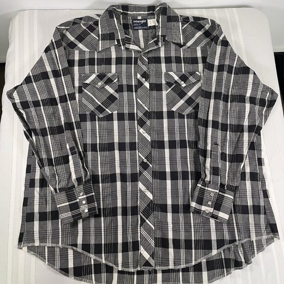 VTG Wrangler Cowboy Cut XL 19 x 35 Western Pearl Snap Shirt Black Gray Plaid - Picture 2 of 8